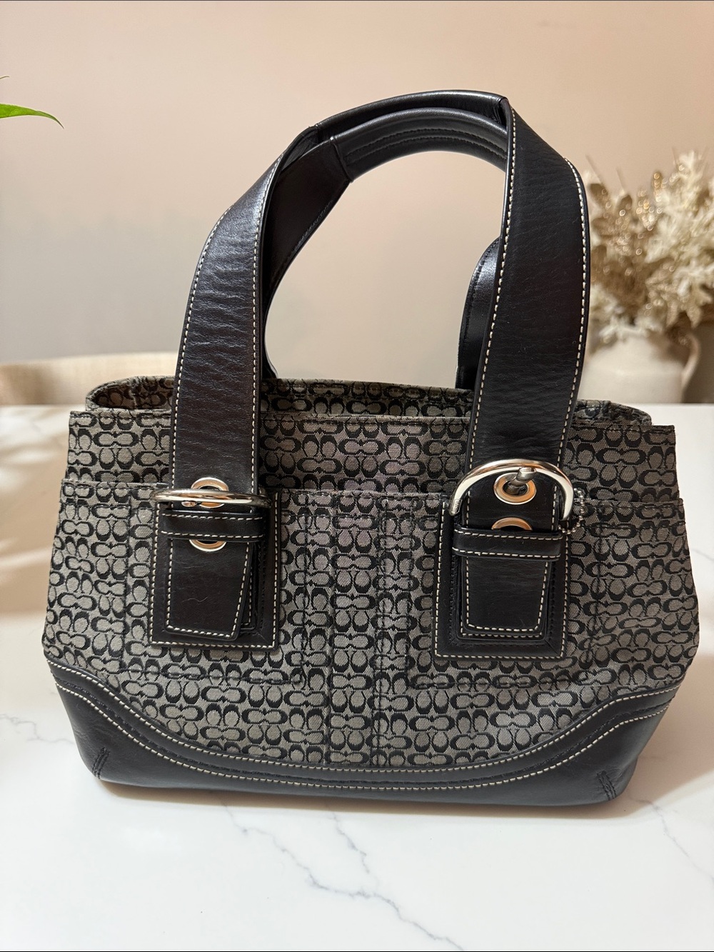 Vintage Y2K style Coach signature C jacquard black leather buckle handbag
